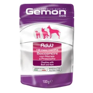 Hrană umedă pentru câini adulți Gemon Pouch cu vită și șuncă, 100g