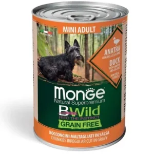 Monge Câini BWild Grain Free Mini Adult cu Rață, Dovleac și Dovlecel – Bucăți 400g - 24 BUC/BAX