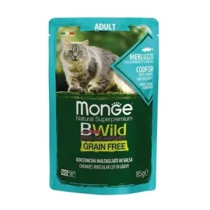 Monge Pisici BWild Grain Free Bucăți Adult cu Cod, Creveți și Legume – 85g - 28 BUC/BAX