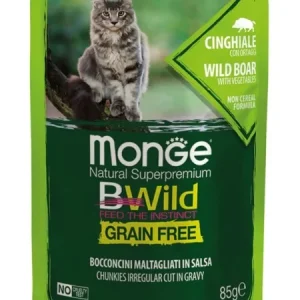 Monge Pisici BWild Grain Free Bucăți Sterilised cu Mistreț și Legume – 85g - 28 buc/bax