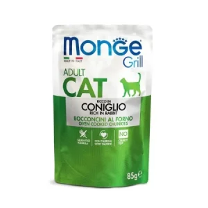 Plic individual de 85g cu hrană umedă MONGE CAT GRILL cu iepure proaspăt, formulă fără cereale concepută pentru pisici adulte.