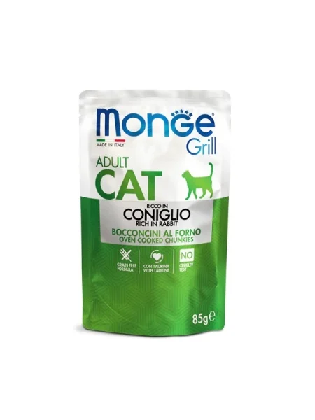 Monge Pisici Superpremium Plic Bucăți Adult cu Iepure – 85g - 28 BUC/BAX 1 Plic individual de 85g cu hrană umedă MONGE CAT GRILL cu iepure proaspăt, formulă fără cereale concepută pentru pisici adulte.