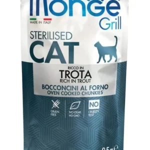 Monge Pisici Superpremium Plic Bucăți Sterilised cu Păstrăv – 85g - 28 BUC/BAX