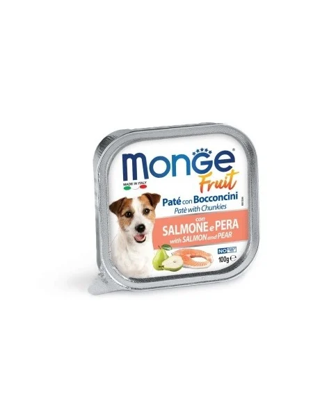 Monge Câini Superpremium Paté cu Bucăți de Somon și Pără – 100g - 32 BUC/BAX 1 Monge Dog Fruit Paté Somon și Păr 100g - hrană umedă pentru câini adulți