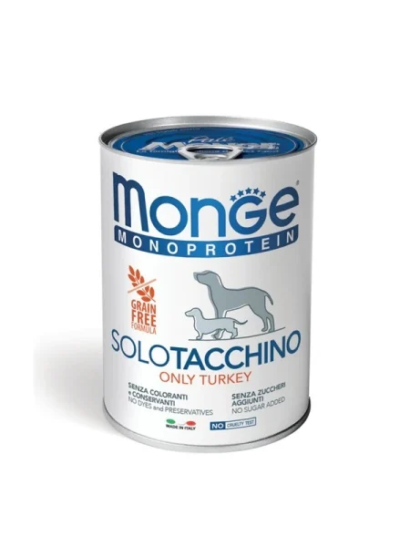 Monge Câini Superpremium Paté Monoproteic 100% Curcan – 400g - 24 BUC/BAX 1 MONGE DOG Monoprotein Curcan 400g - hrană umedă monoproteică pentru câini adulți