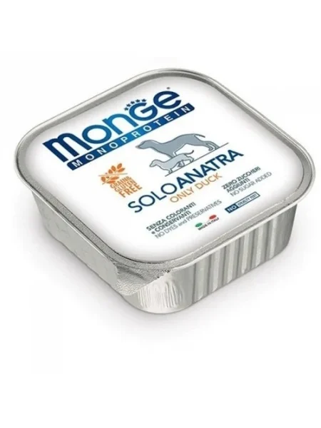 Monge Câini Superpremium Paté Monoproteic 100% Rață – 150g - 24 BUC/BAX 1 MONGE DOG SOLO Paté Rață 150g - hrană umedă monoproteică pentru câini adulți