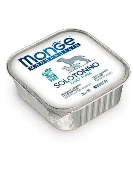 Monge Câini Superpremium Paté Monoproteic 100% Ton – 150g - 24 BUC/BAX 1 Propune-i câinelui tău adult cu sensibilități o nutriție pură și gustoasă, îmbogățită cu Omega-3, cu MONGE DOG SOLO Paté cu Ton!