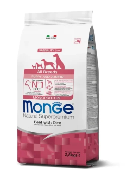 Monge Câini Superpremium Toate Rasele Puppy – Vită & Orez 1 Hrană uscată cu vită și orez pentru căței