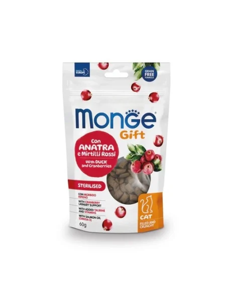 Monge Pisici Gustare Umplută și Crocantă Sterilised cu Rață și Merișoare – 60g - 10 BUC/BAX 1 recompense pisici sterilizate rață merișoare 60 g MONGE GIFT