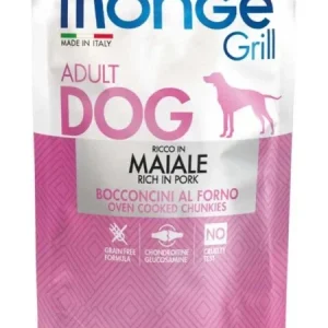 Monge Plic Dog Grill Porc 100g - hrană umedă fără cereale pentru câini adulți, Bucăți fragede de porc în plic Monge pentru câini, Hrană umedă Monge pentru câini cu porc și suport articular