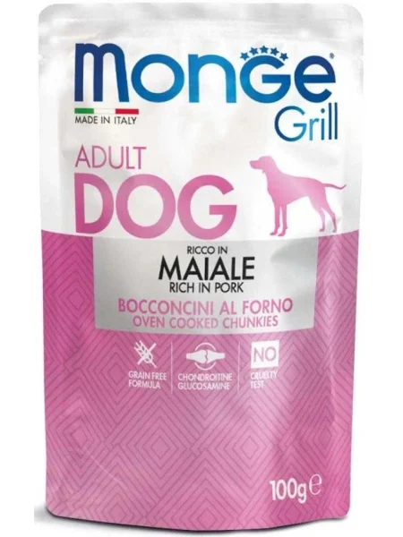 Monge Câini Superpremium Plic cu Porc – 100g - 24 BUC/BAX 1 Monge Plic Dog Grill Porc 100g - hrană umedă fără cereale pentru câini adulți, Bucăți fragede de porc în plic Monge pentru câini, Hrană umedă Monge pentru câini cu porc și suport articular
