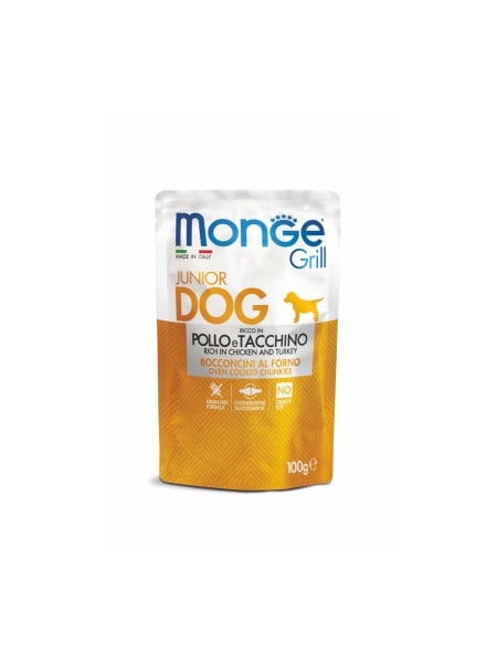 Monge Câini Superpremium Plic Puppy & Junior cu Pui și Curcan – 100g - 24 BUC/BAX 1 monge d sprem puppy junior chicken turkey pouch 100g hrana umeda catei crem