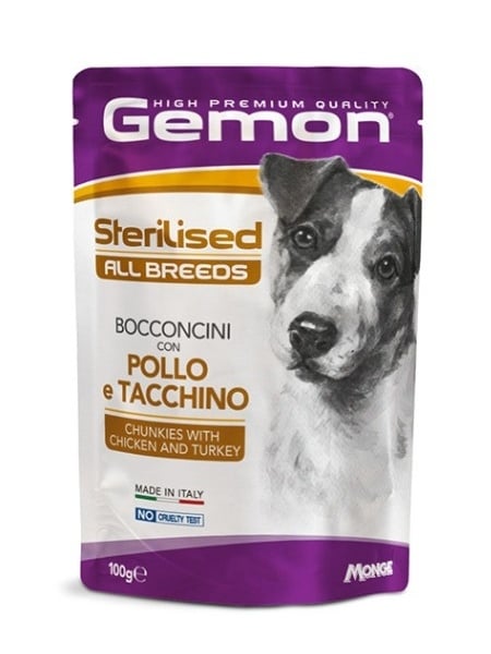 gemon sterilised chunkies chicken turkey 100g hrană umedă câini sterilizați