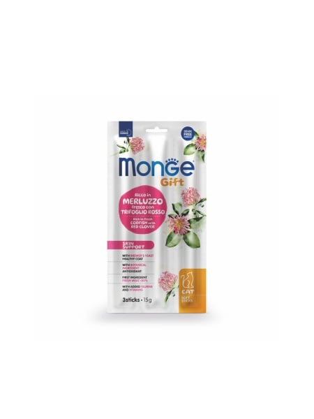 monge cat gift skin support codfish red clover 15g snack pisici piele blana