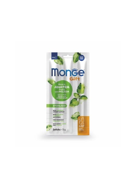 monge cat gift soft sticks steril duck lemon balm 15g snack pisici sterilizate