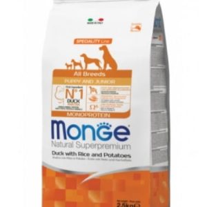 monge câini superpremium puppy rață orez cartofi 2.5kg hrană căței