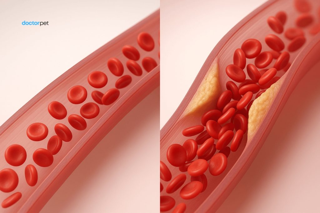 Blocaje vasculare la animale: embolie, ischemie și consecințe sistemice 2 Imagine comparativă 3D – flux sanguin normal vs vas parțial obstruat, ilustrație Doctor Pet despre ischemie la animale.