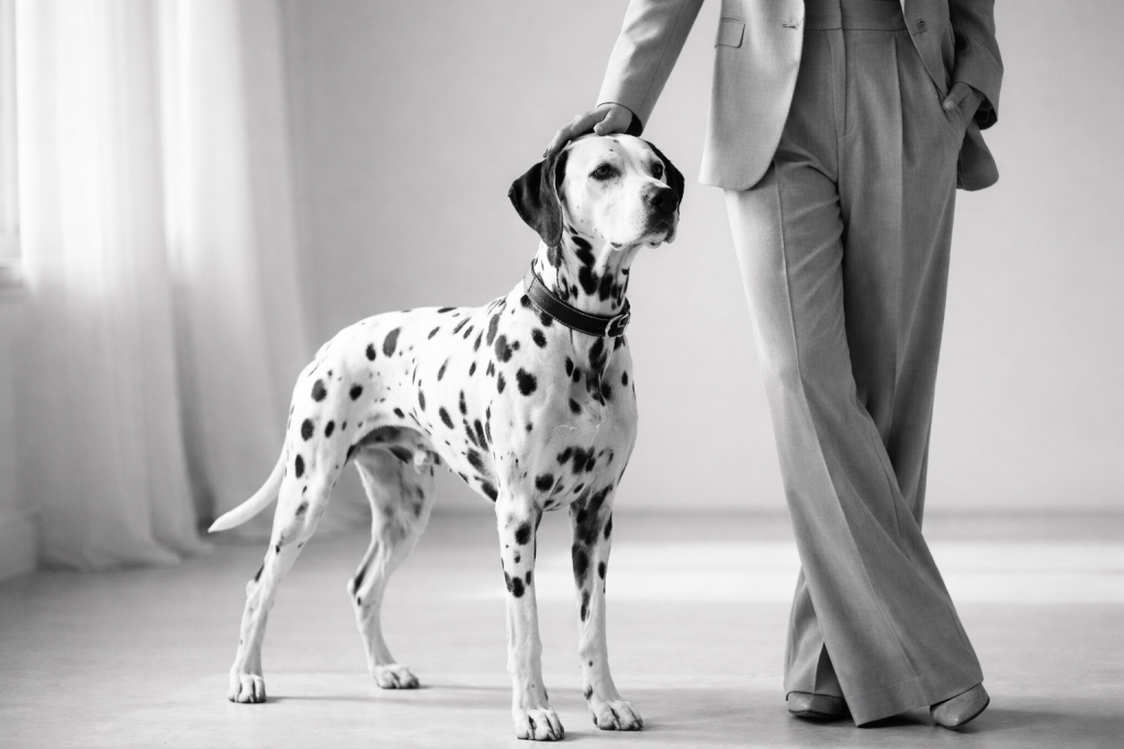 Luxury fashion și animalele de companie: cum pets devin simboluri de stil 2 Dalmațian elegant într-un cadru minimalist, alături de un bărbat îmbrăcat în stil clasic, într-o estetică de quiet luxury.