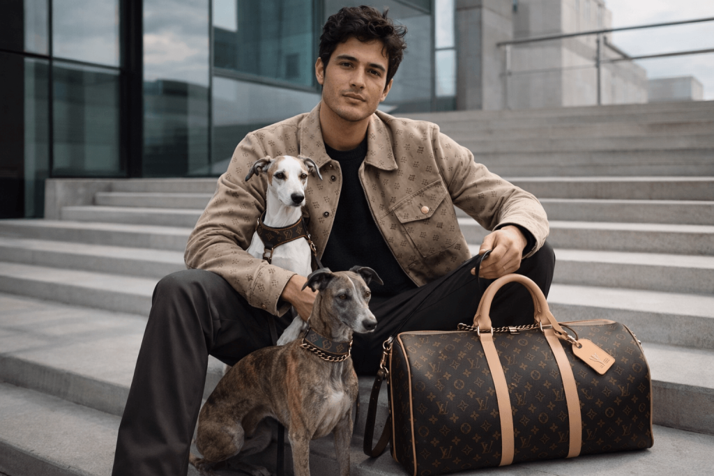 Luxury fashion și animalele de companie: cum pets devin simboluri de stil 4 Bărbat îmbrăcat într-un stil urban elegant, plimbând doi câini, într-un cadru arhitectural modern.