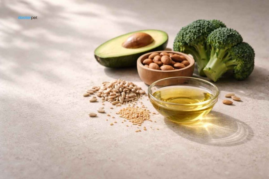 Surse naturale de vitamina E: avocado, semințe oleaginoase și ulei vegetal, ilustrând aportul antioxidant din alimentație.