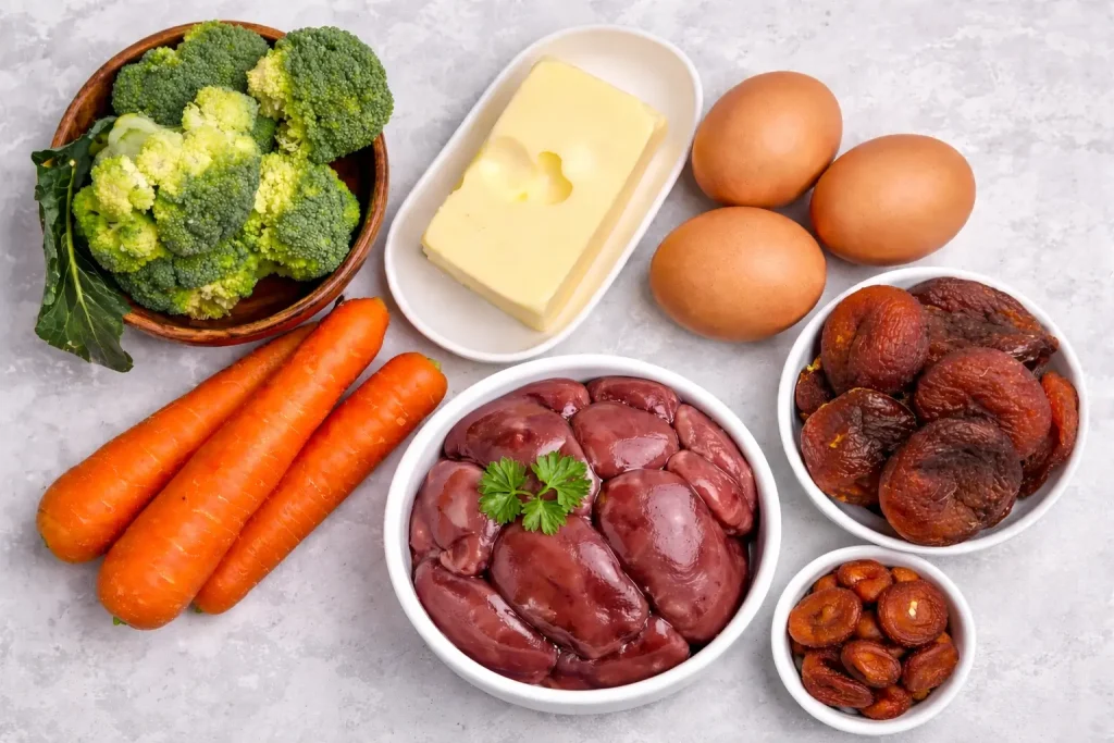 Vitamina A la animale: surse, funcții biologice și rol în sănătate 3 magine cu surse reale de vitamina A, incluzând legume bogate în beta-caroten și produse de origine animală cu retinol, relevante pentru sănătatea oculară, imunitară și metabolică a câinilor și pisicilor.