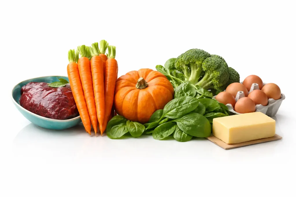 Vitamina A la animale: surse, funcții biologice și rol în sănătate 2 Imagine cu surse de vitamina A, incluzând legume bogate în beta-caroten și produse de origine animală , relevante pentru sănătatea oculară, imunitară și metabolică a câinilor și pisicilor