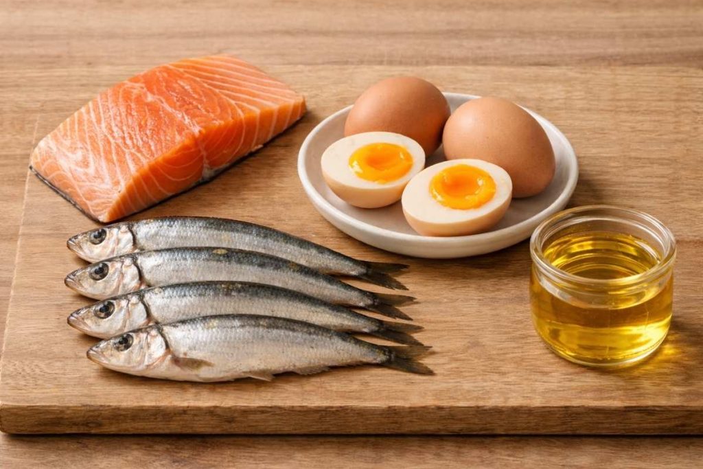 Vitamina D la animale: surse, funcții biologice, deficit și toxicitate 2 Alimente cu conținut de vitamina D, precum pește gras și ouă prezentate ca surse nutriționale.