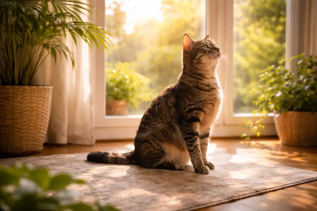 Vitamina D la animale: surse, funcții biologice, deficit și toxicitate 3 Pisică adultă așezată în lumină naturală, lângă o fereastră, într-un spațiu interior calm.