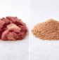 Comparație vizuală între carne proaspătă și proteină deshidratată (făină de carne) utilizate în formularea hranei pentru câini și pisici