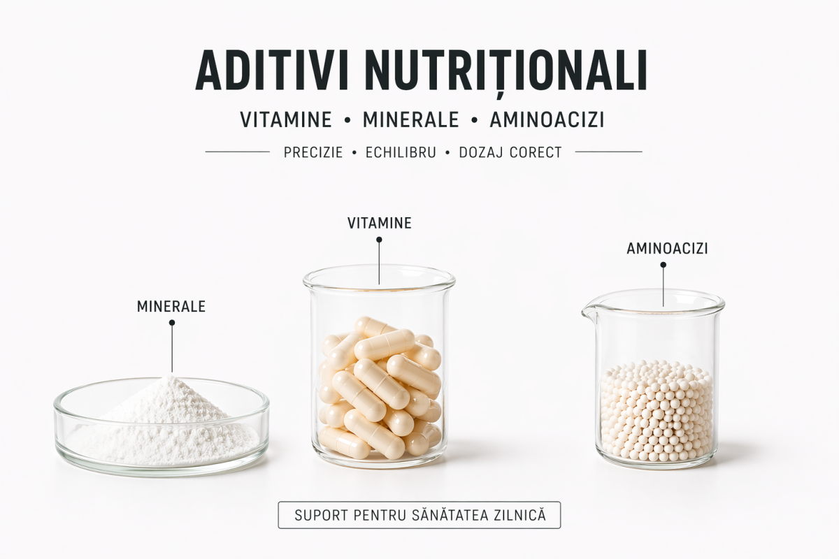 Exemplu de aditivi nutriționali precum vitamine și minerale utilizați în hrana pentru câini