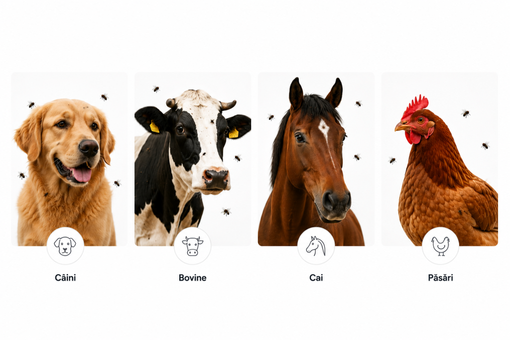 Infografic care ilustrează principalele specii de animale afectate de muște: câini, bovine, cai și păsări.