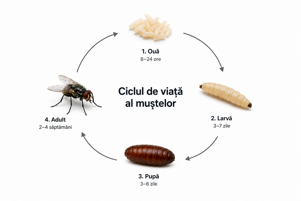 Infografic care ilustrează ciclul de viață al muștelor: ou, larvă, pupă și adult, împreună cu durata estimativă a fiecărei etape de dezvoltare.