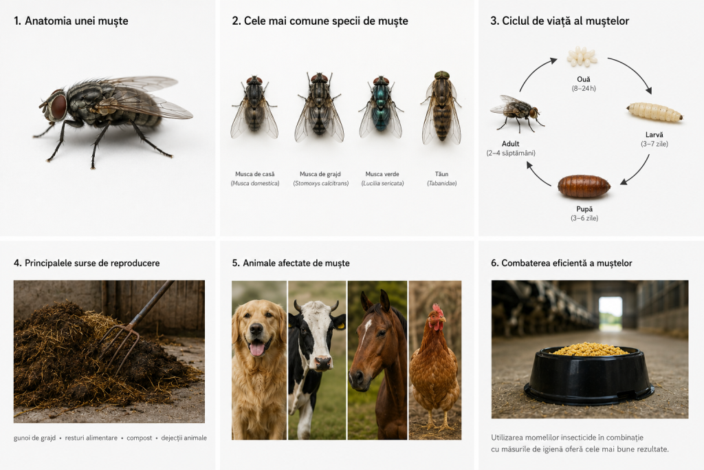 Infografic despre combaterea muștelor: anatomia unei muște, speciile comune din România, ciclul de viață, principalele surse de reproducere, animalele afectate și metode eficiente de combatere.